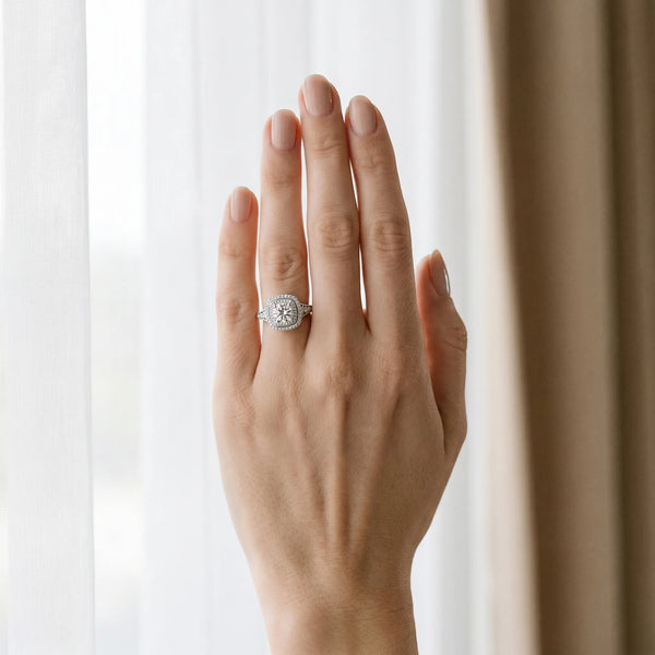 White gold Cushion Halo Round Diamond Split Shank Prong Setting Ring