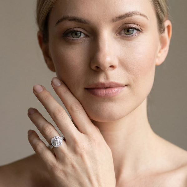 White gold Cushion Halo Round Diamond Split Shank Prong Setting Ring