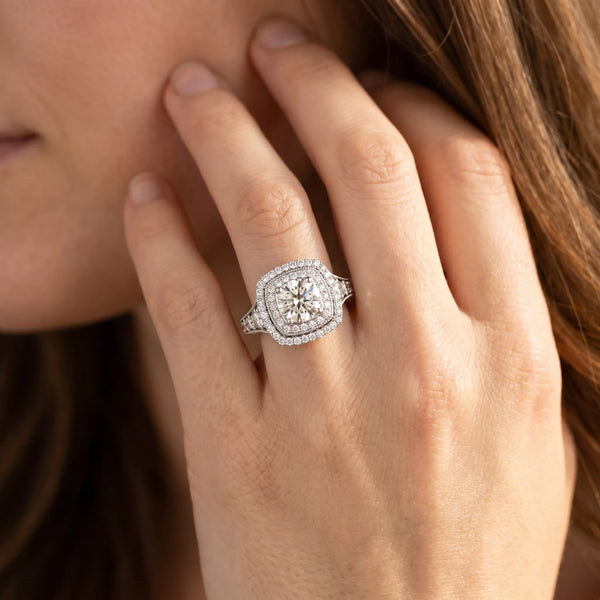 White gold Cushion Halo Round Diamond Split Shank Prong Setting Ring