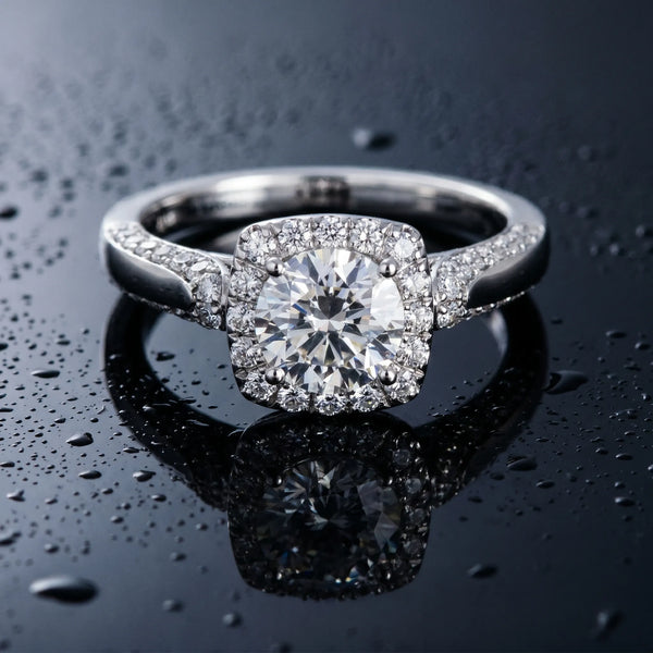 White gold Cushion Halo Round Diamond Twist Band with Four-Prong Setting