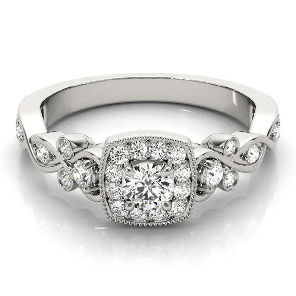 White gold Cushion Halo Round Diamond Twisted Band Four-Prong Ring
