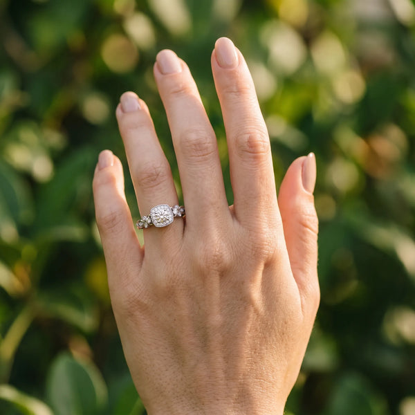 White gold Cushion Halo Round Diamond Twisted Band Four-Prong Ring