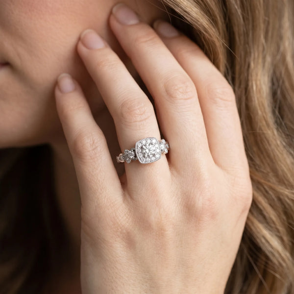 White gold Cushion Halo Round Diamond Twisted Band Four-Prong Ring