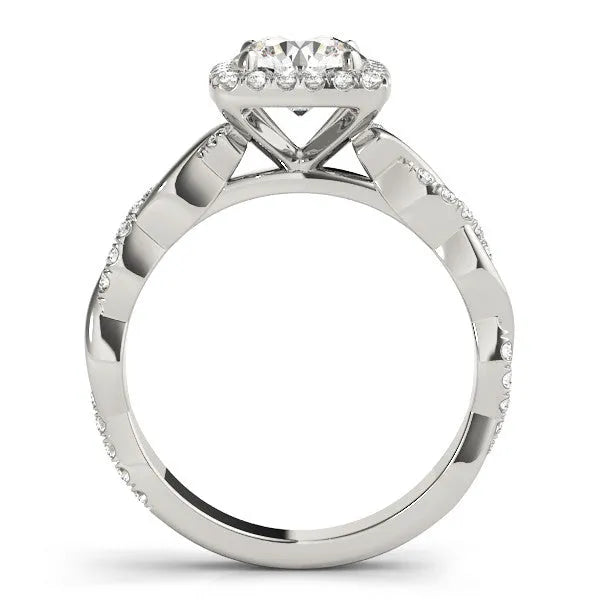 White gold Cushion Halo Round Diamond Twisted Band with Four-Prong Setting