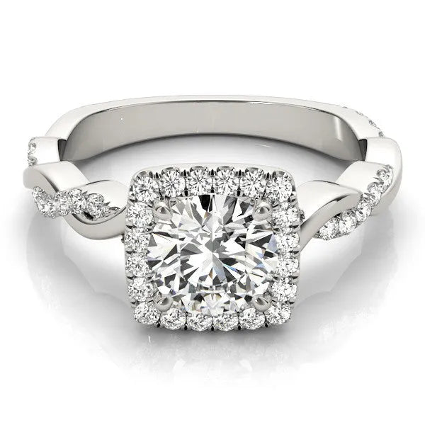 White gold Cushion Halo Round Diamond Twisted Band with Four-Prong Setting