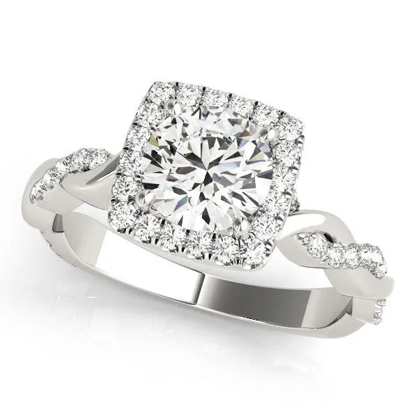 White gold Cushion Halo Round Diamond Twisted Band with Four-Prong Setting