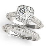 White gold Cushion Halo Round Solitaire Milgrain Engagement Ring 1