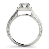 White gold Cushion Halo Round Solitaire Milgrain Engagement Ring 2