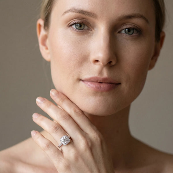 White gold Cushion Halo Round Solitaire Milgrain Engagement Ring