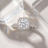 White gold Cushion Halo Round Solitaire Milgrain Engagement Ring_9