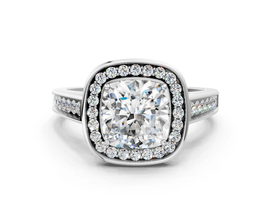 White gold Cushion Halo Solitaire Diamond Ring with Pave Band and Bezel Setting_49