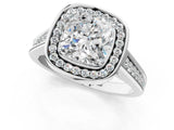 White gold Cushion Halo Solitaire Diamond Ring with Pave Band and Bezel Setting_50