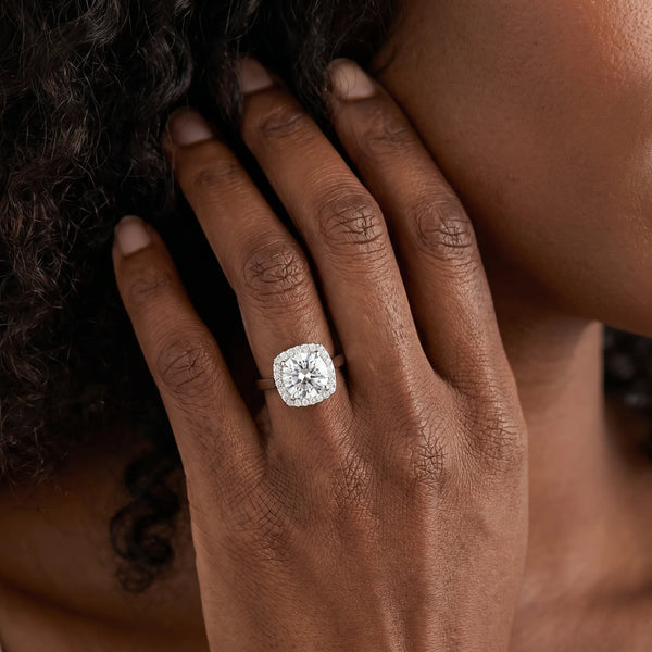 White gold Cushion Halo Solitaire Engagement Ring with Round Diamond and Four-Prong Setting