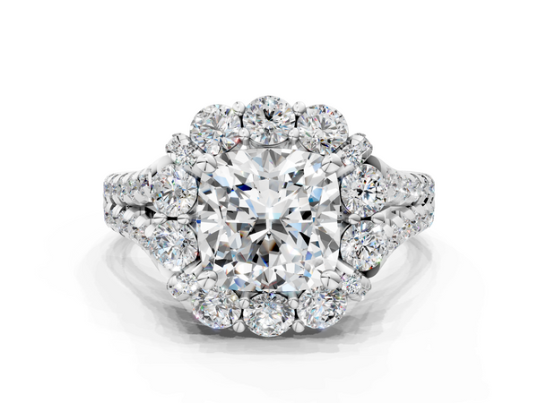 White gold Cushion Halo Split Shank Diamond Engagement Ring with Pave Band and Four-Prong Setting