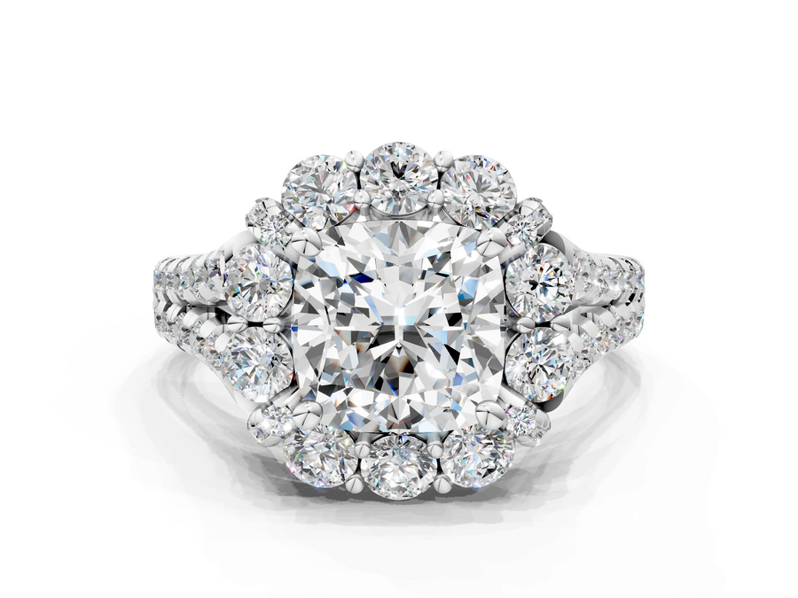 White gold Cushion Halo Split Shank Diamond Engagement Ring with Pave Band and Four-Prong Setting