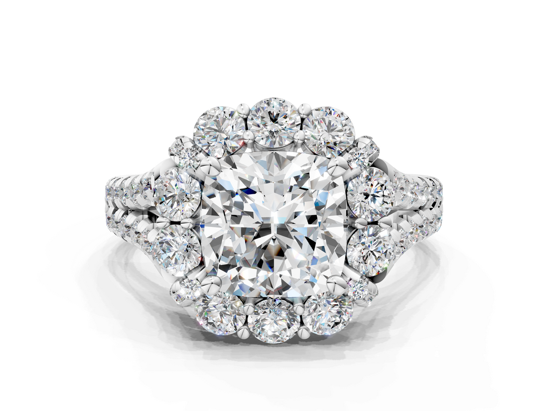 White gold Cushion Halo Split Shank Diamond Engagement Ring with Pave Band and Four-Prong Setting_55