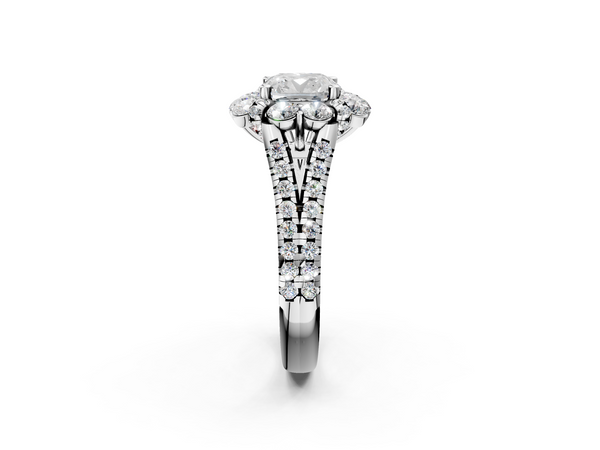 White gold Cushion Halo Split Shank Diamond Engagement Ring with Pave Band and Four-Prong Setting