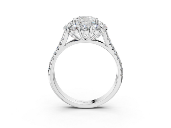 White gold Cushion Halo Split Shank Diamond Engagement Ring with Pave Band and Four-Prong Setting