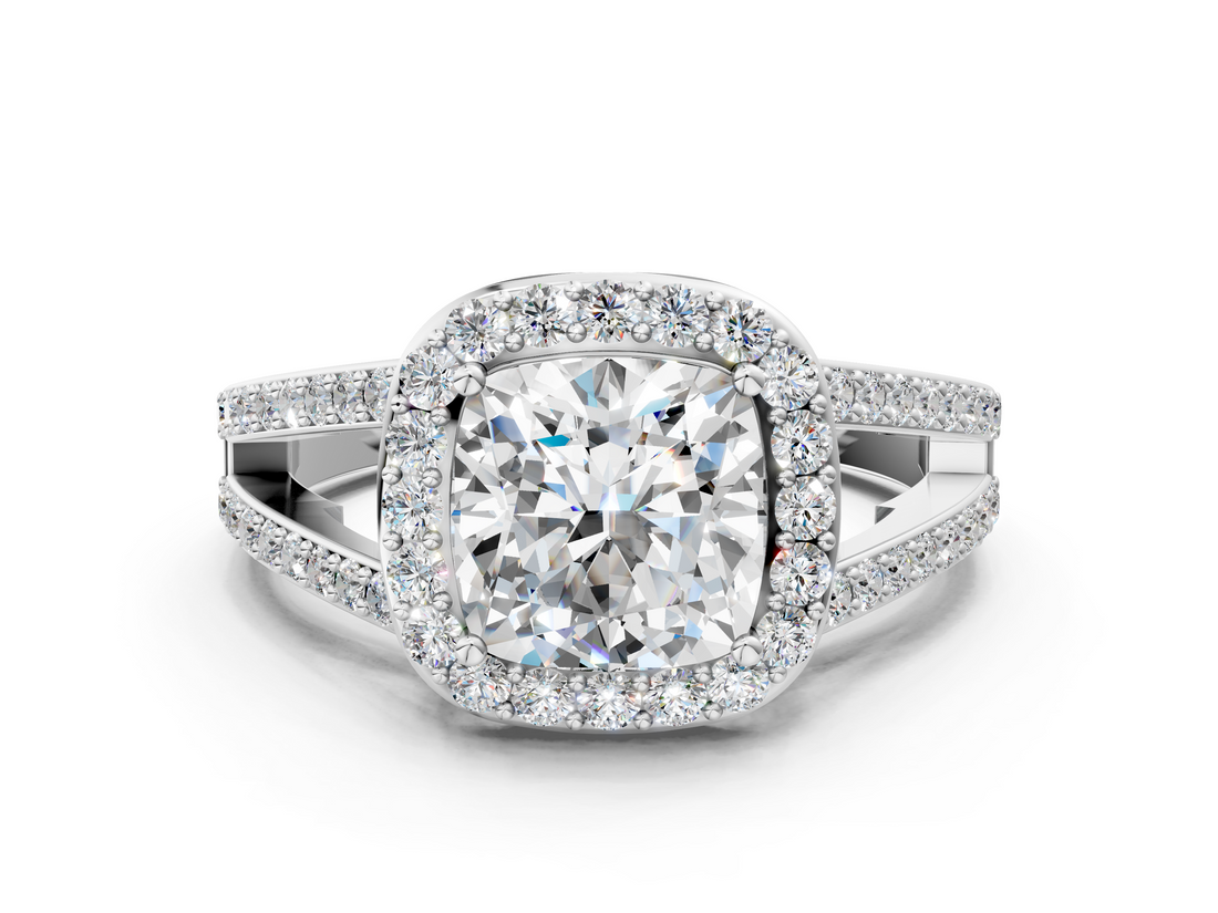 White gold Cushion Halo Split Shank Diamond Ring with Four-Prong Setting_36
