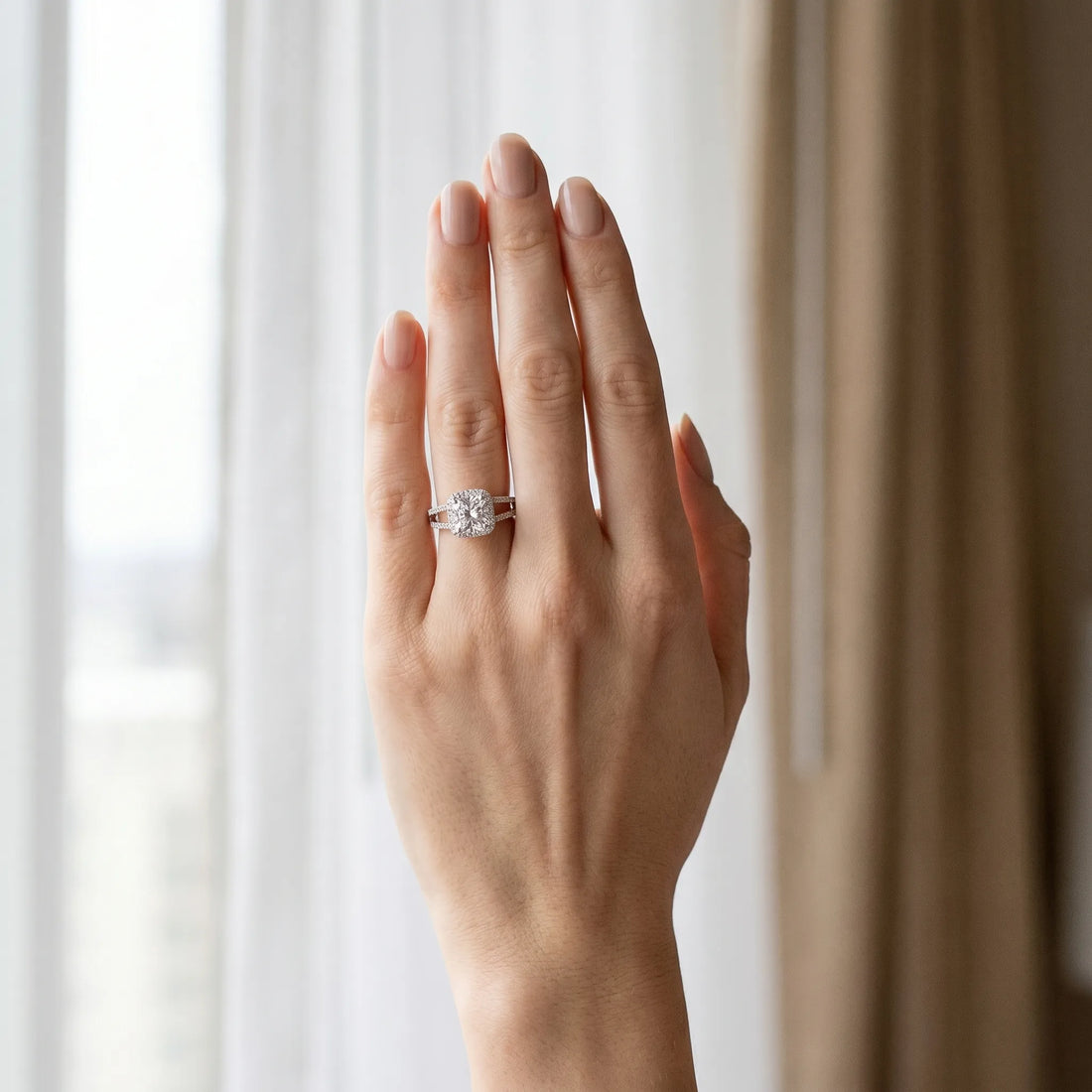 White gold Cushion Halo Split Shank Diamond Ring with Four-Prong Setting_3