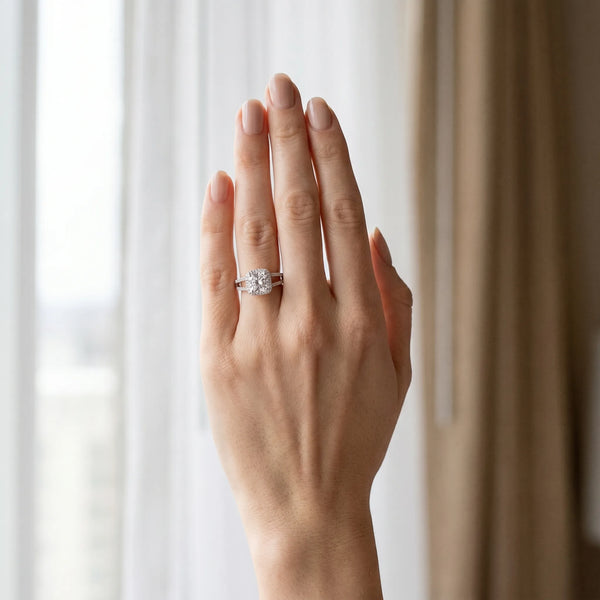 White gold Cushion Halo Split Shank Diamond Ring with Four-Prong Setting