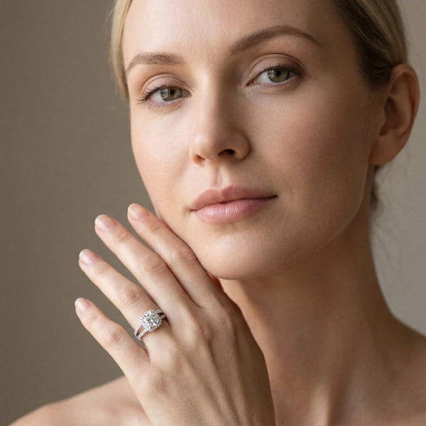 White gold Cushion Halo Split Shank Diamond Ring with Four-Prong Setting