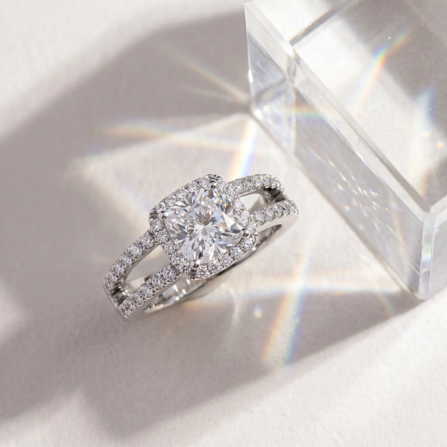 White gold Cushion Halo Split Shank Diamond Ring with Four-Prong Setting
