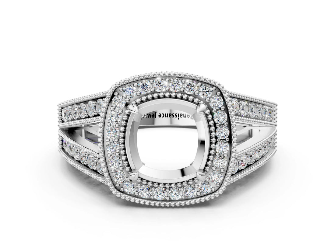 White gold Cushion Halo Split Shank Diamond Ring with Milgrain Prong Setting_6