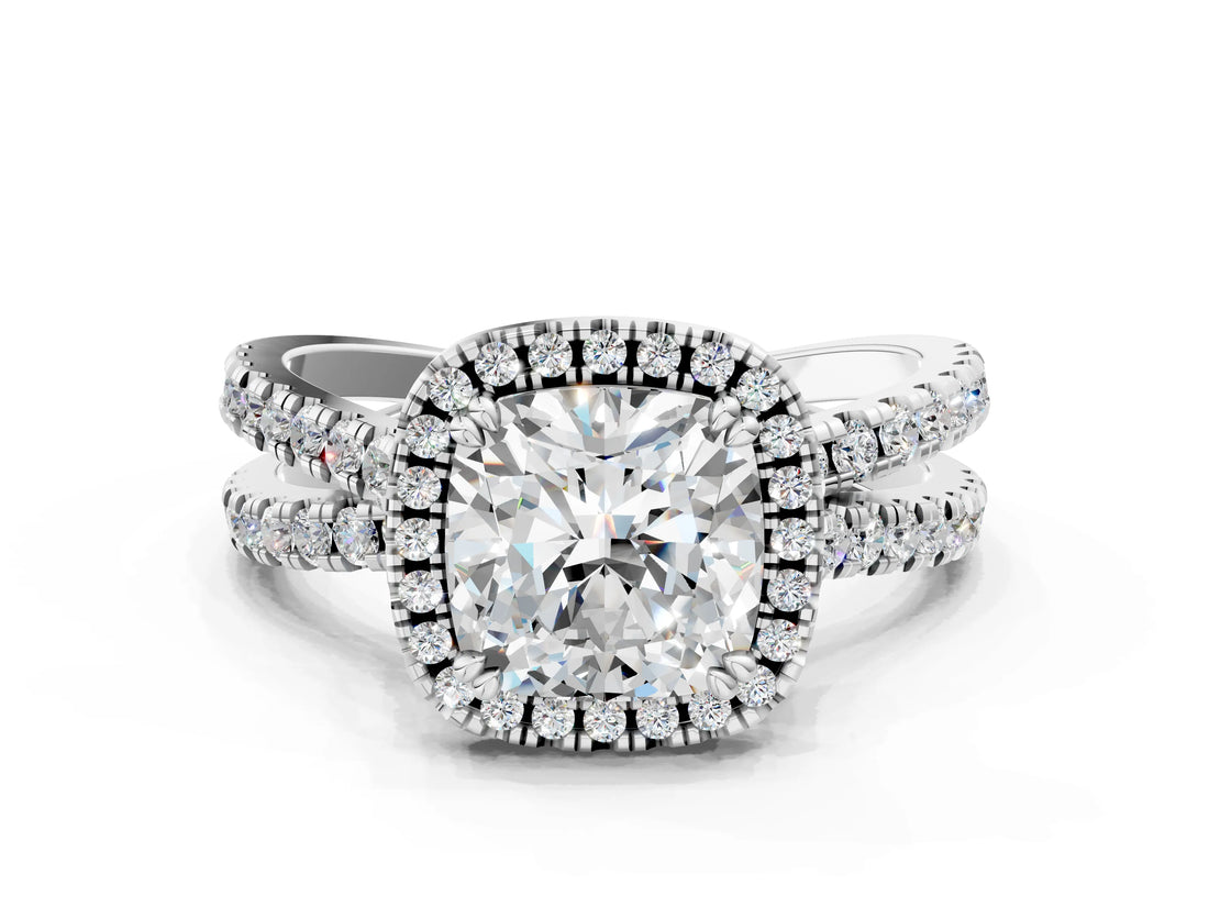 White gold Cushion Halo Split Shank Diamond Ring with Pavé Setting_27