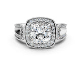 White gold Cushion Halo Split Shank Milgrain Diamond Ring_26