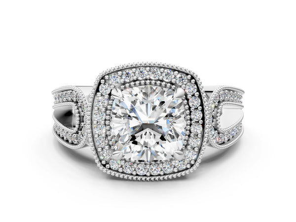White gold Cushion Halo Split Shank Milgrain Diamond Ring