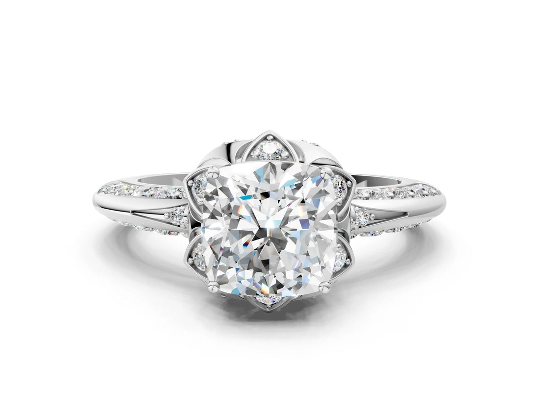 White gold Cushion Halo Split Shank Pave Diamond Ring with Petal Prong Setting_27