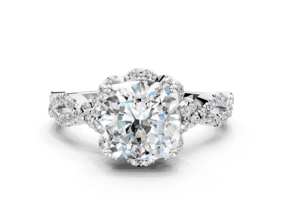 White gold Cushion Halo Twist Band Solitaire Ring with Six-Prong Setting_32