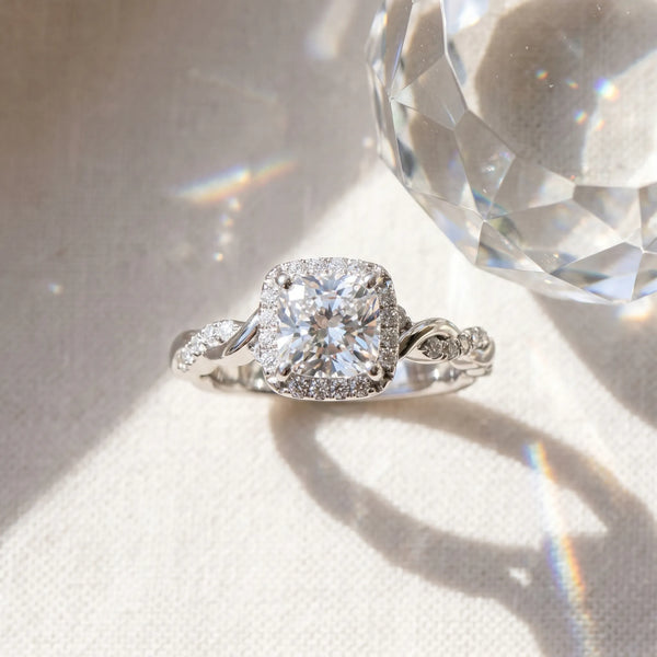 White gold Cushion Halo Twist Band with Four-Prong Setting