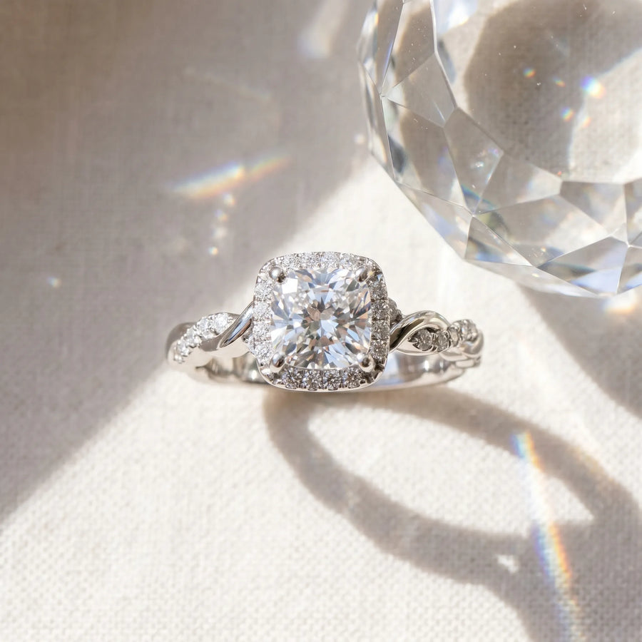 White gold Cushion Halo Twist Band with Four-Prong Setting