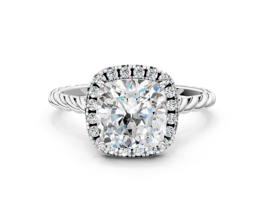 White gold Cushion Halo Twisted Band Four-Prong Diamond Ring_19