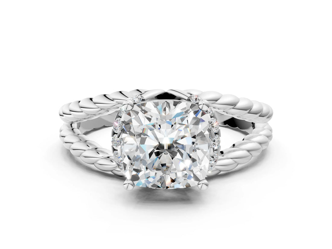 White gold Cushion Halo Twisted Band Four-Prong Ring_32