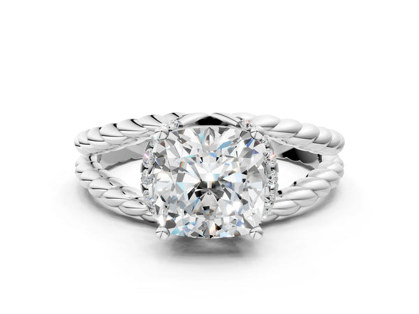 White gold Cushion Halo Twisted Band Four-Prong Ring
