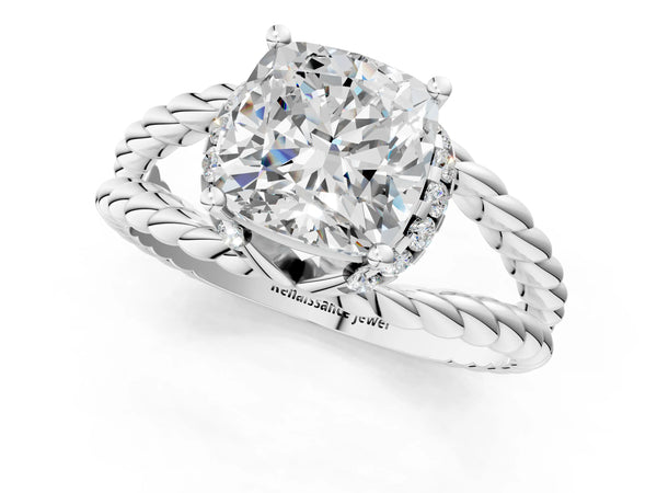 White gold Cushion Halo Twisted Band Four-Prong Ring