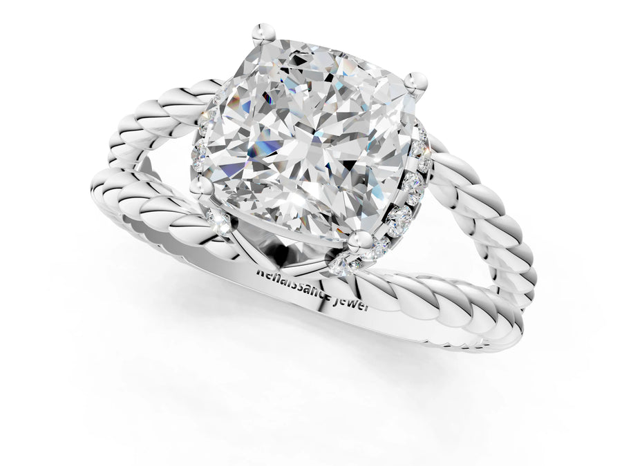 White gold Cushion Halo Twisted Band Four-Prong Ring