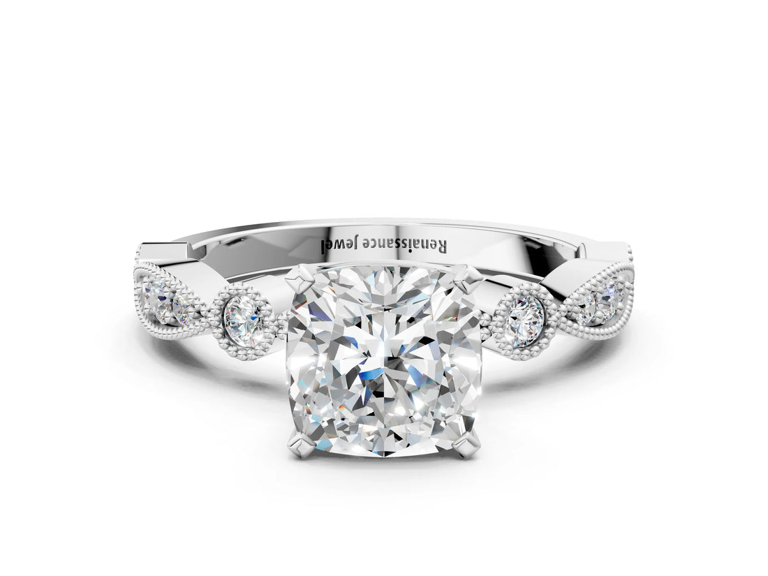 White gold Cushion Milgrain Bezel Diamond Engagement Ring with Solitaire Prong Setting_182