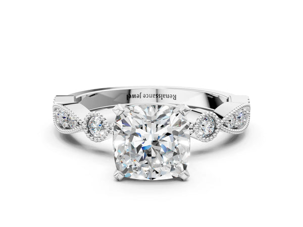 Platinum Cushion Cut Vintage Solitaire Engagement Ring Setting with Milgrain Bezel Accent Band