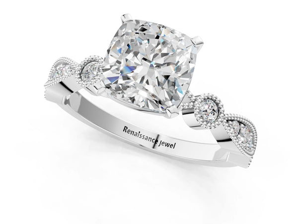 White Gold Cushion Cut Vintage Solitaire Engagement Ring Setting with Milgrain Bezel Accent Band