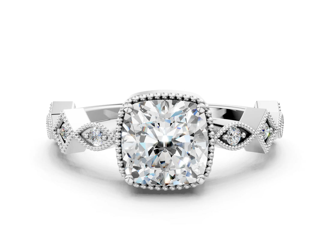 White gold Cushion Milgrain Marquise Diamond Twist Band Ring_38