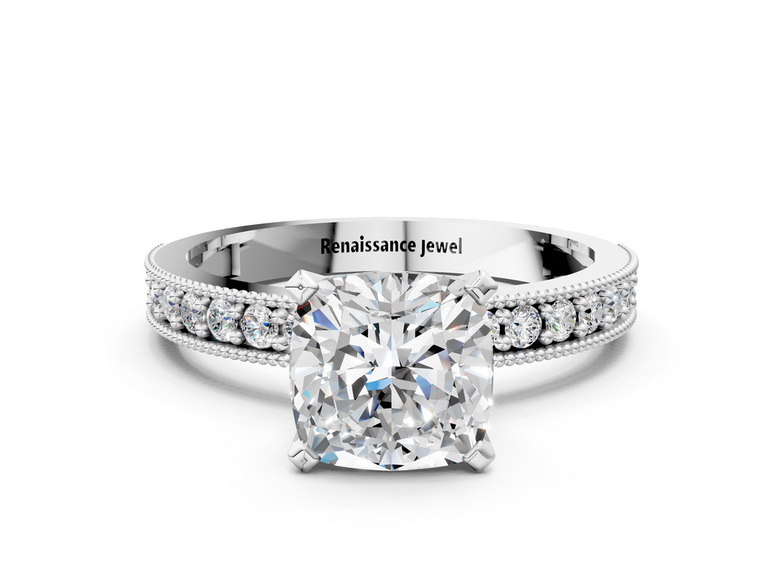 White gold Cushion Milgrain Pave Diamond Engagement Ring with Four-Prong Setting_170