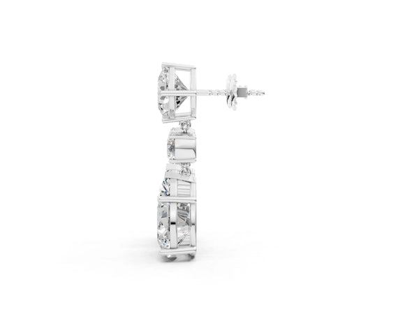 White gold Cushion, Round and Pear Diamond Three-Stone Drop Earrings