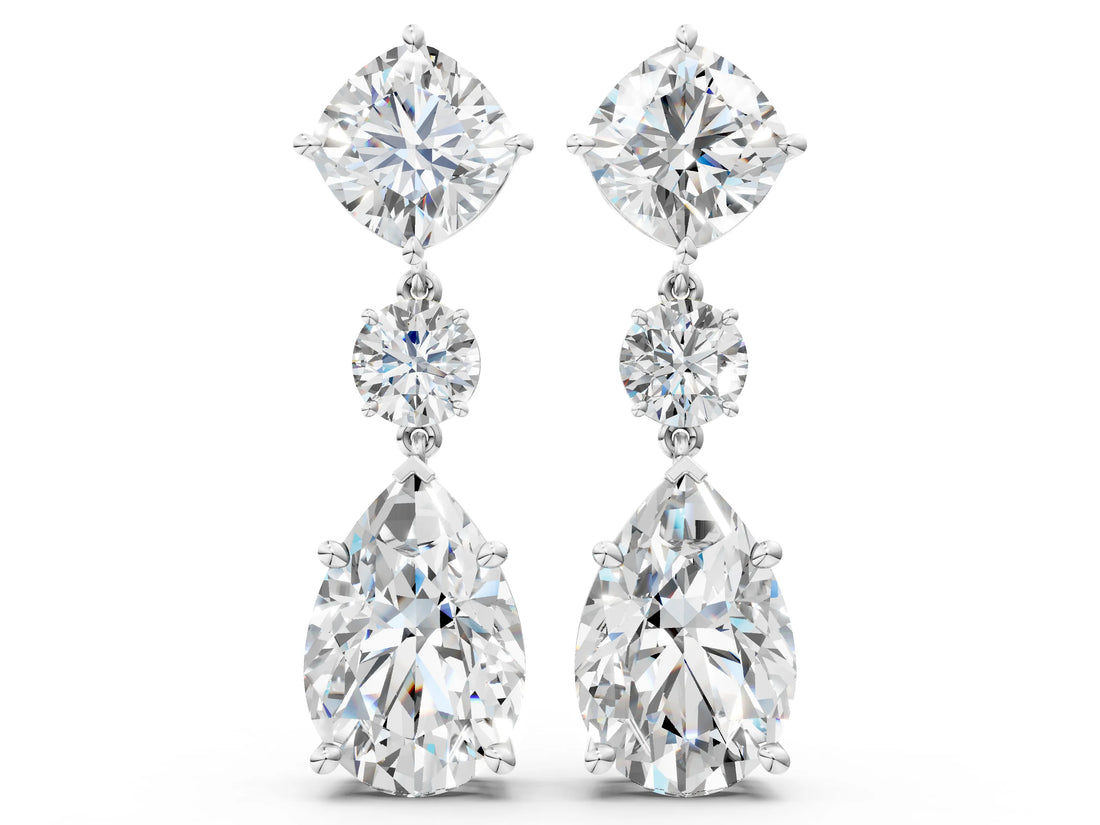White gold Cushion, Round and Pear Diamond Three-Stone Drop Earrings
