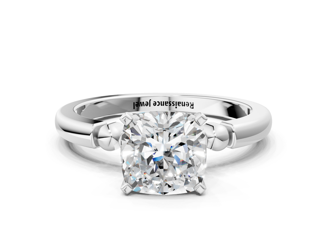 White gold Cushion Solitaire Beaded Band with Four-Prong Setting_69