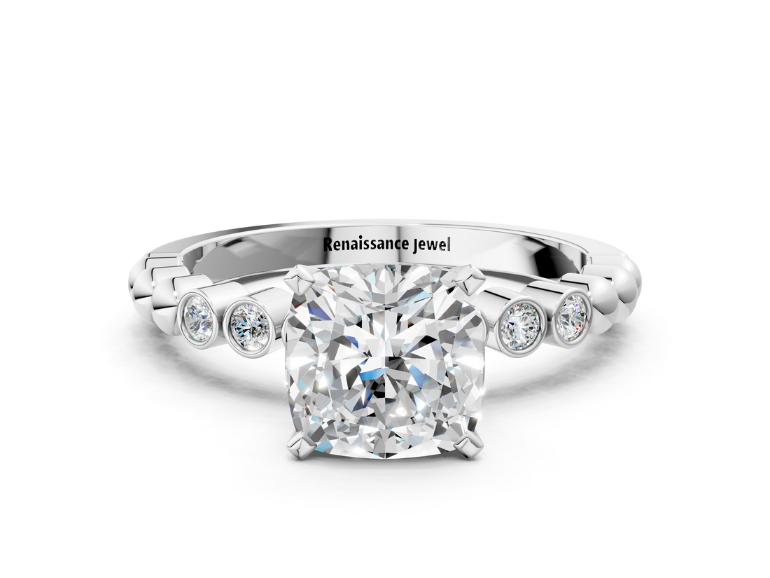 White gold Cushion Solitaire Bezel Accent Diamond Engagement Ring with Beaded Band and Four-Prong Setting_71