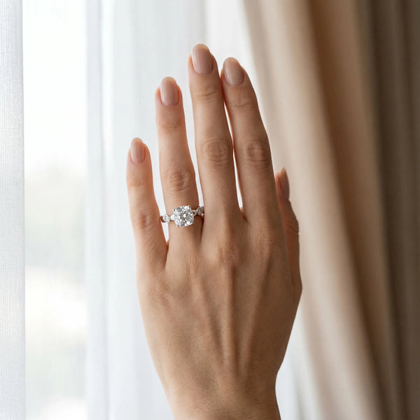 White gold Cushion Solitaire Bezel-Set Diamond Ring with Beaded Band and Four-Prong Setting